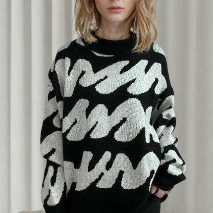 Women's Long Sleeve Sweater - Thickened Round Neck Wavy Knit Sweater Top
