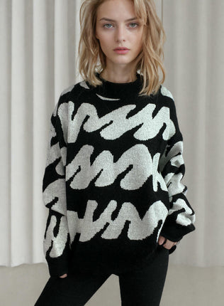 Women's Long Sleeve Sweater - Thickened Round Neck Wavy Knit Sweater Top