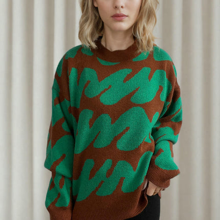 Women's Long Sleeve Sweater - Thickened Round Neck Wavy Knit Sweater Top