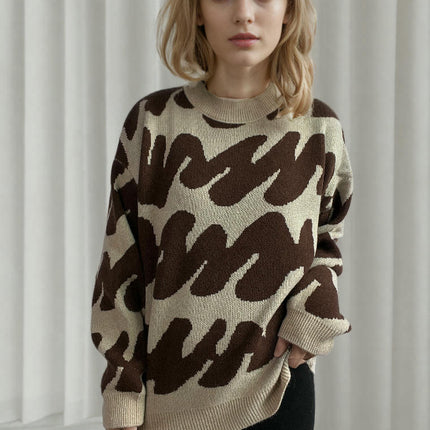 Women's Long Sleeve Sweater - Thickened Round Neck Wavy Knit Sweater Top