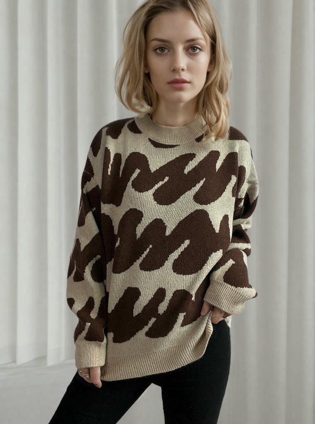 Women's Long Sleeve Sweater - Thickened Round Neck Wavy Knit Sweater Top