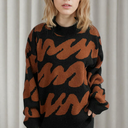 Women's Long Sleeve Sweater - Thickened Round Neck Wavy Knit Sweater Top