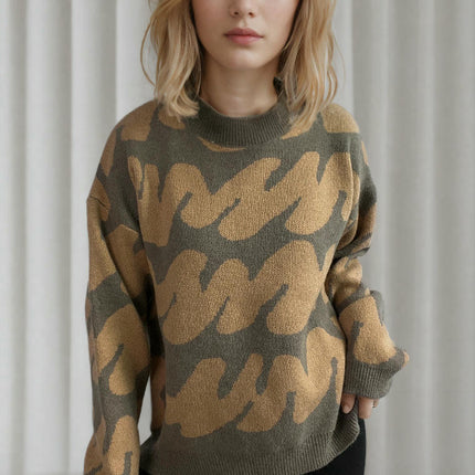 Women's Long Sleeve Sweater - Thickened Round Neck Wavy Knit Sweater Top