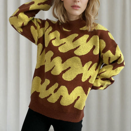 Women's Long Sleeve Sweater - Thickened Round Neck Wavy Knit Sweater Top