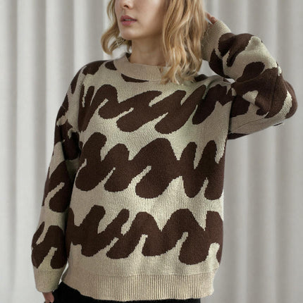 Women's Long Sleeve Sweater - Thickened Round Neck Wavy Knit Sweater Top
