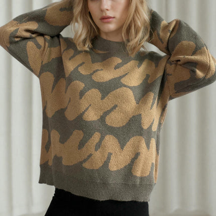 Women's Long Sleeve Sweater - Thickened Round Neck Wavy Knit Sweater Top