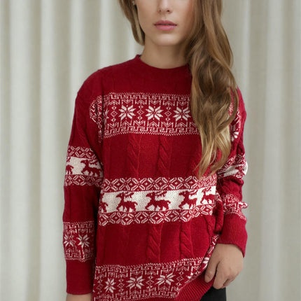 Women's Snowflake Reindeer Christmas Knitted Sweater Loose Long Sleeve Top