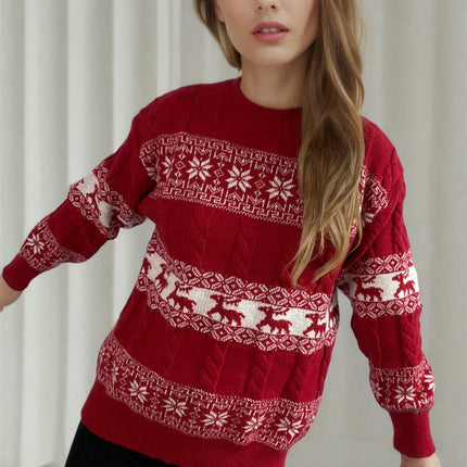 Women's Snowflake Reindeer Christmas Knitted Sweater Loose Long Sleeve Top