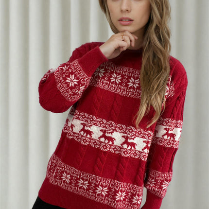 Women's Snowflake Reindeer Christmas Knitted Sweater Loose Long Sleeve Top