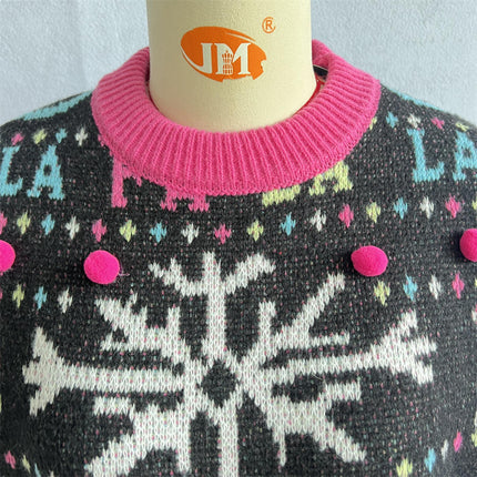 Christmas Themed Pompom Decorated Round Neck Pullover Christmas Knitted Sweater