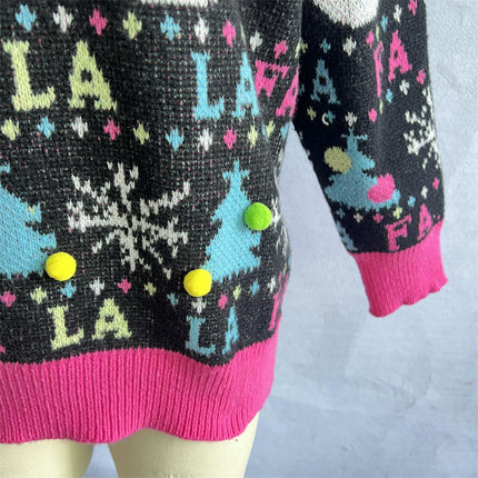 Christmas Themed Pompom Decorated Round Neck Pullover Christmas Knitted Sweater