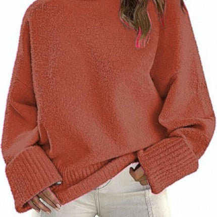 Women's Long-Sleeved Knitted Sweater Winter High-Neck Pullover Loose Plush Top