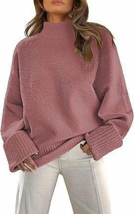 Women's Long-Sleeved Knitted Sweater Winter High-Neck Pullover Loose Plush Top