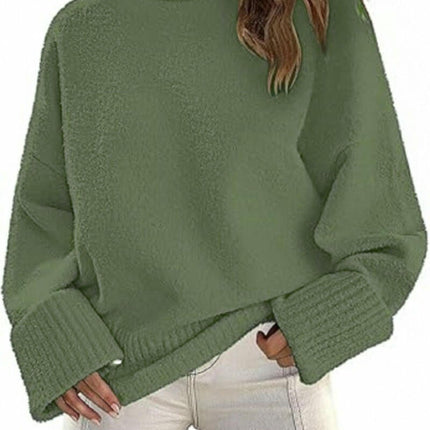 Women's Long-Sleeved Knitted Sweater Winter High-Neck Pullover Loose Plush Top