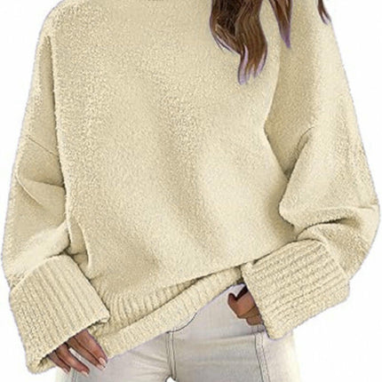 Women's Long-Sleeved Knitted Sweater Winter High-Neck Pullover Loose Plush Top
