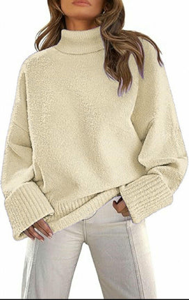 Women's Long-Sleeved Knitted Sweater Winter High-Neck Pullover Loose Plush Top