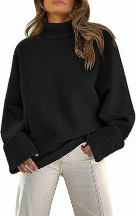 Women's Long-Sleeved Knitted Sweater Winter High-Neck Pullover Loose Plush Top