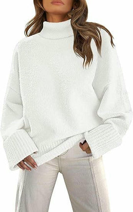 Women's Long-Sleeved Knitted Sweater Winter High-Neck Pullover Loose Plush Top