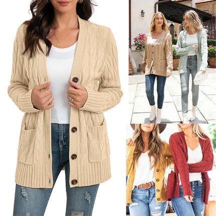 Winter Cardigan Sweater Women V Neck Button Long Sleeve Knitted Sweater Jacket