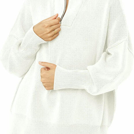 Women's Half Zipper Stand Collar Sweater Lazy Style Loose Pullover Knitted Top