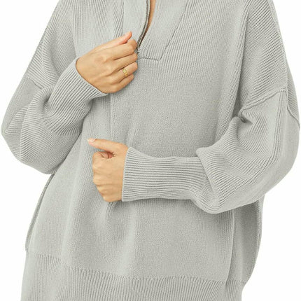 Women's Half Zipper Stand Collar Sweater Lazy Style Loose Pullover Knitted Top