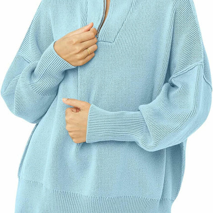 Women's Half Zipper Stand Collar Sweater Lazy Style Loose Pullover Knitted Top