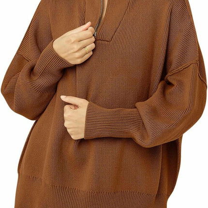 Women's Half Zipper Stand Collar Sweater Lazy Style Loose Pullover Knitted Top