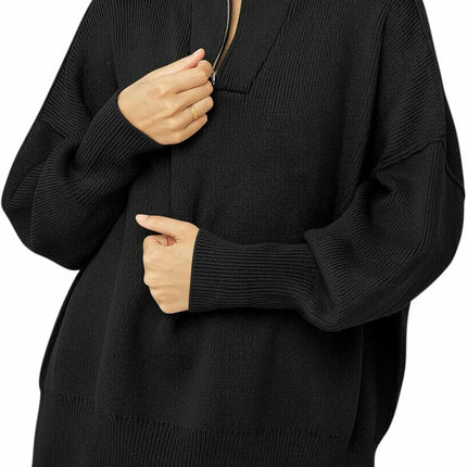 Women's Half Zipper Stand Collar Sweater Lazy Style Loose Pullover Knitted Top