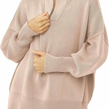 Women's Half Zipper Stand Collar Sweater Lazy Style Loose Pullover Knitted Top