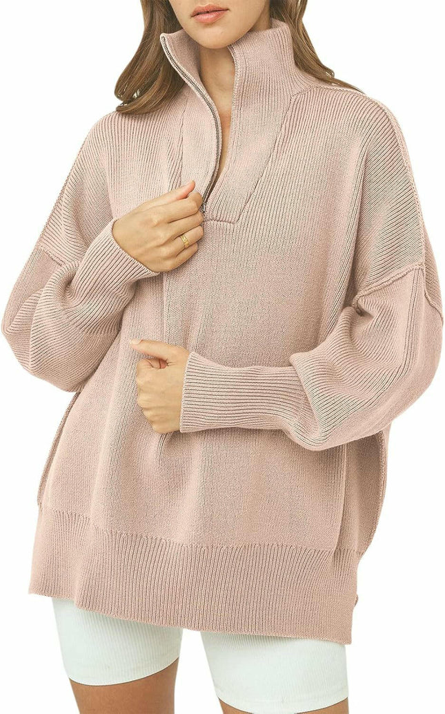 Women's Half Zipper Stand Collar Sweater Lazy Style Loose Pullover Knitted Top