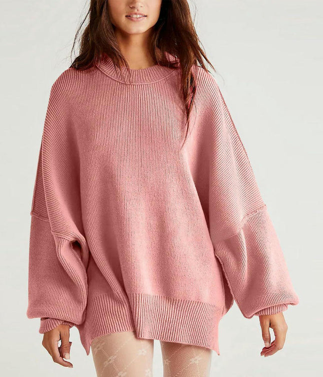 Women's Solid Color Loose Pullover Knitted Long Sleeve Crew Neck Sweater