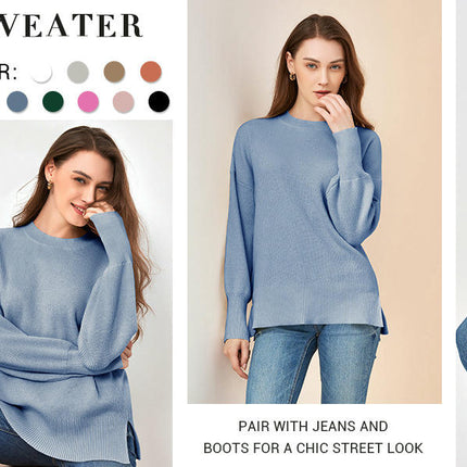 Women's Solid Color Loose Pullover Knitted Long Sleeve Crew Neck Sweater