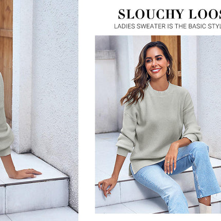 Women's Solid Color Loose Pullover Knitted Long Sleeve Crew Neck Sweater