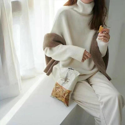 Women's High Collar Loose Knitted Pullover Sweater Lazy Style Bottoming Shirt