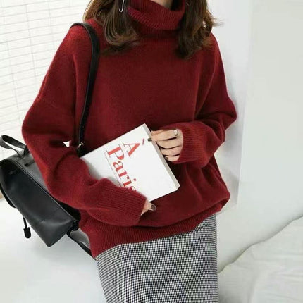 Women's High Collar Loose Knitted Pullover Sweater Lazy Style Bottoming Shirt