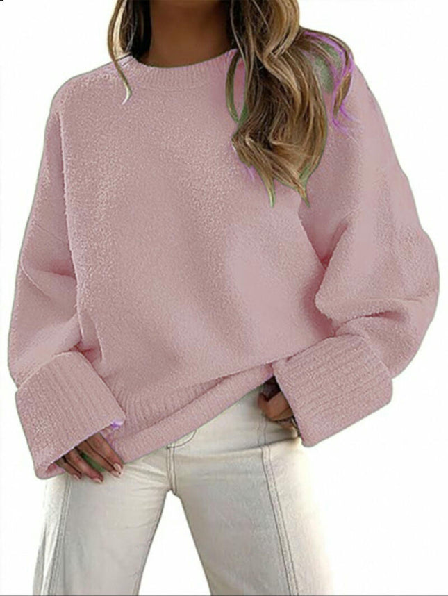 Women's Knitted Sweater Winter Long Sleeve Round Neck Pullover Loose Plush Top 1