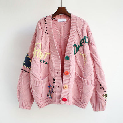 Women's Lazy Style Embroidered Cardigan Button Pocket Knitted Cardigan