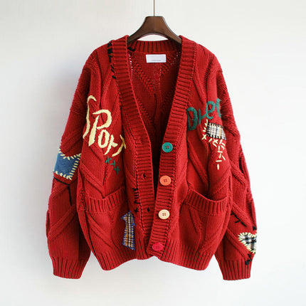 Women's Lazy Style Embroidered Cardigan Button Pocket Knitted Cardigan