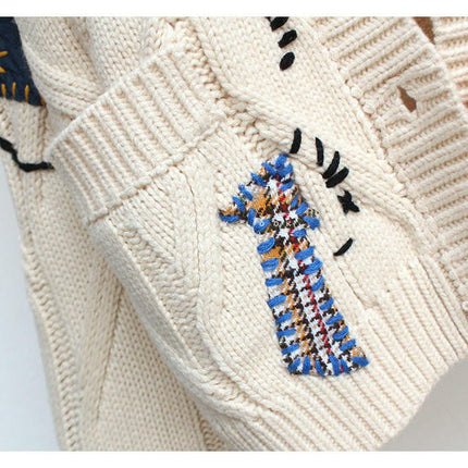 Women's Lazy Style Embroidered Cardigan Button Pocket Knitted Cardigan
