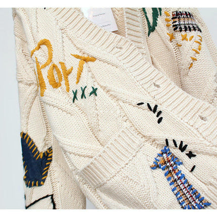 Women's Lazy Style Embroidered Cardigan Button Pocket Knitted Cardigan