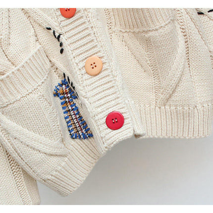 Women's Lazy Style Embroidered Cardigan Button Pocket Knitted Cardigan