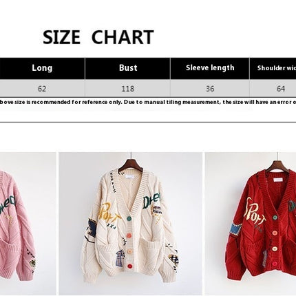 Women's Lazy Style Embroidered Cardigan Button Pocket Knitted Cardigan