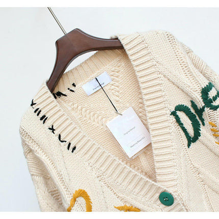 Women's Lazy Style Embroidered Cardigan Button Pocket Knitted Cardigan