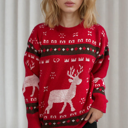Women's Cartoon Elk Jacquard Christmas Sweater Round Neck Pullover Cardigan