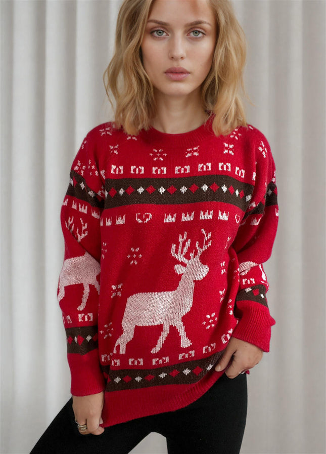Women's Cartoon Elk Jacquard Christmas Sweater Round Neck Pullover Cardigan