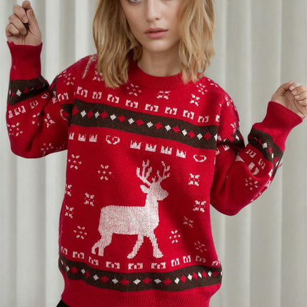 Women's Cartoon Elk Jacquard Christmas Sweater Round Neck Pullover Cardigan
