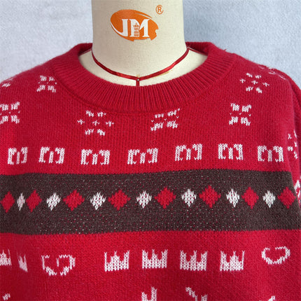 Women's Cartoon Elk Jacquard Christmas Sweater Round Neck Pullover Cardigan