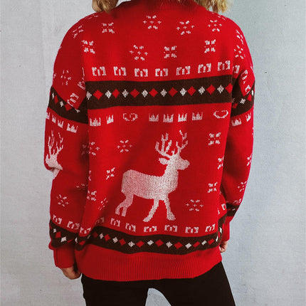Women's Cartoon Elk Jacquard Christmas Sweater Round Neck Pullover Cardigan