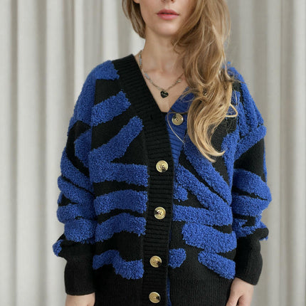 Long Sleeve Zebra Pattern Large Size Cardigan Button Knit Sweater Women