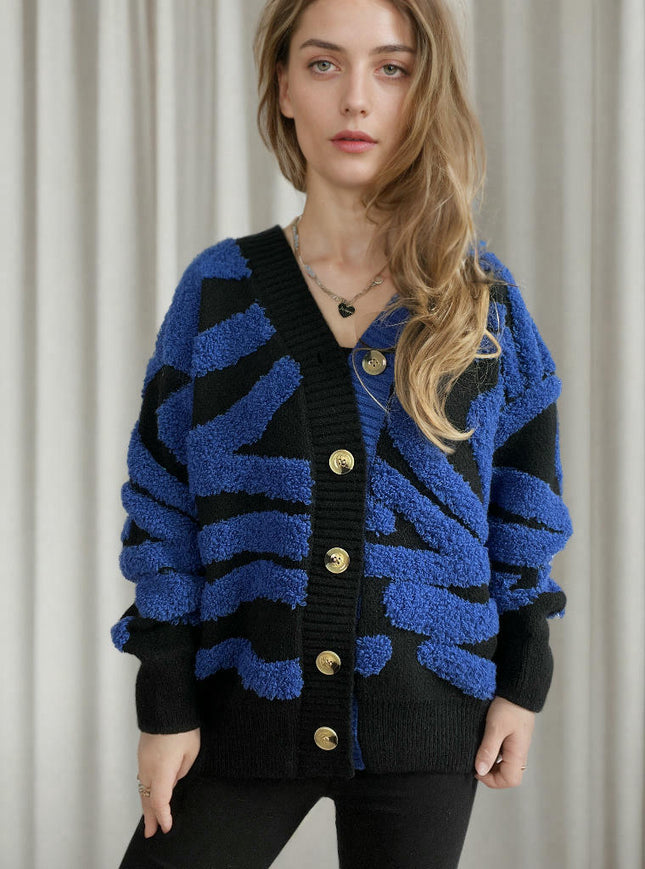 Long Sleeve Zebra Pattern Large Size Cardigan Button Knit Sweater Women